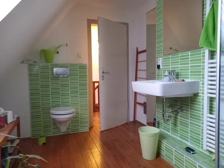 Bad im Haus mit WC, Waschbecken und grüner Wandfliese