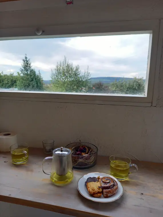 Zwei Gläser Tee, Kanne und Gebäck auf der Fensterbank, dahinter Feld und Himmel