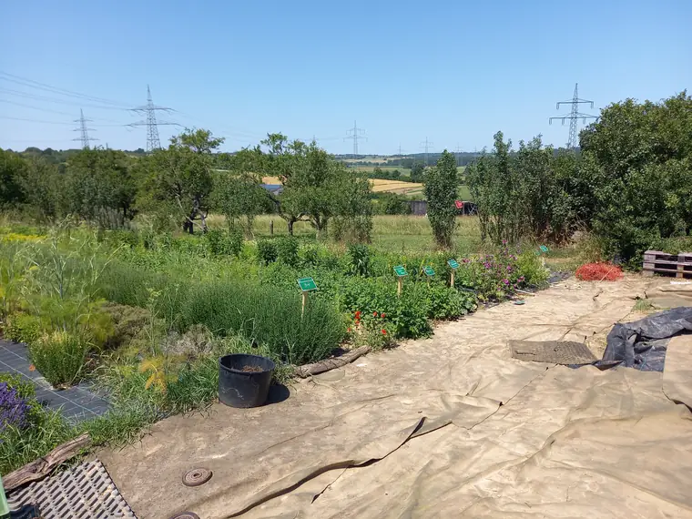 Freifläche vor dem Wagen mit Beeten und Blick über das Land
