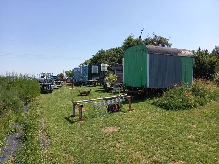 Grüner Bauwagen von der Rückseite, dahinter die Wagenreihe auf der Wiese