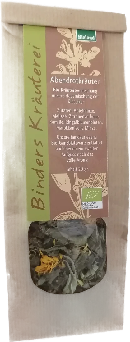 Papierbeutel mit Sichtfenster, Etikett Binders Kräuterei — Abendrotkräuter