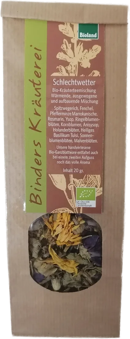 Papierbeutel mit Sichtfenster, Etikett Binders Kräuterei — Schlechtwetter