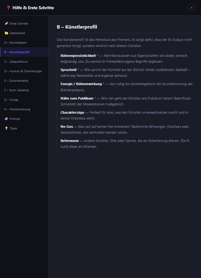 KI-Prompt-Generator für Bühnenprogramme
