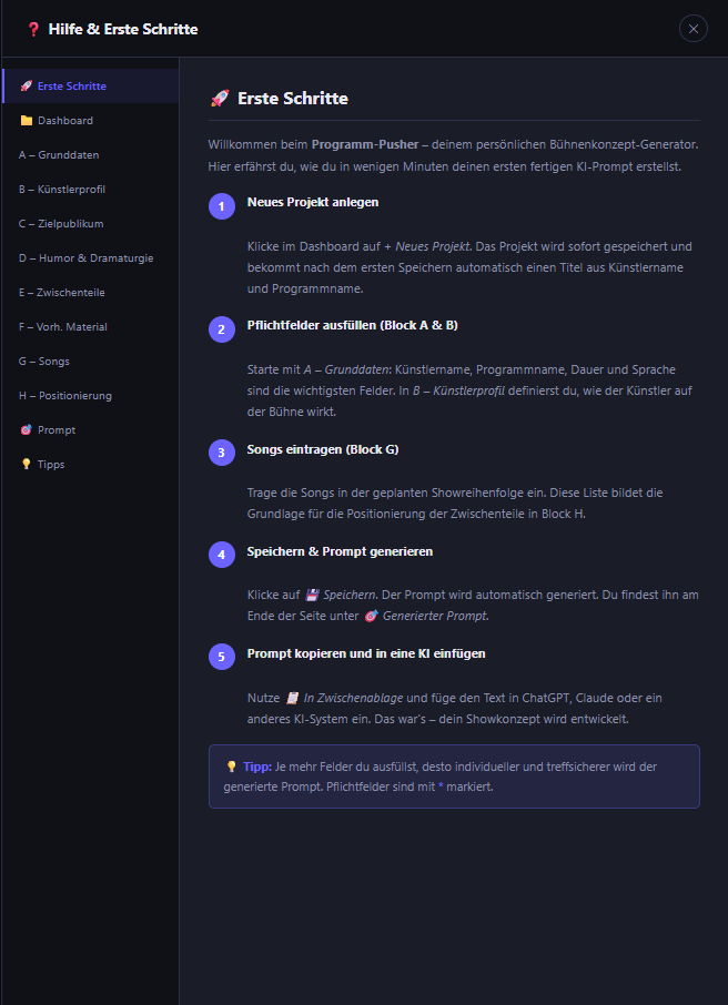 Programm-Pusher (Prompt Generator für Showkonzepte)